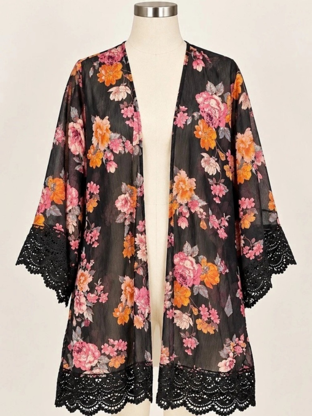 Jolt Large Black Floral Kimono Sheer Crochet Lace Trim Boho Open Front